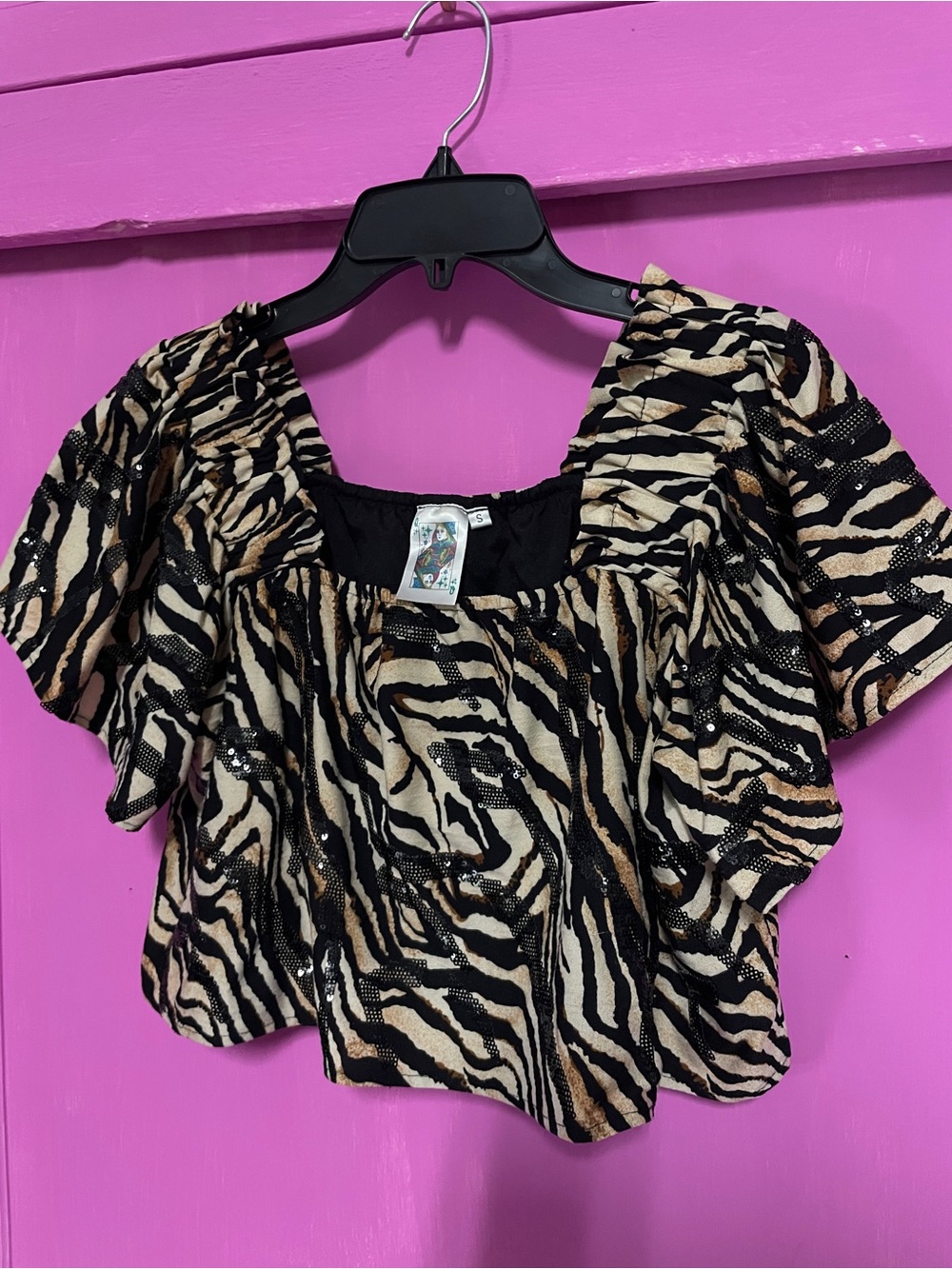 QUEEN OF SPARKLES Black and Cream Zebra Sequin Blouse - Picture 2 of 5